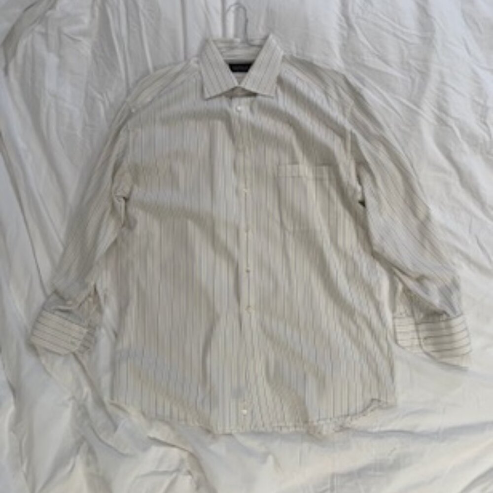 Canali Dress Shirt Size 43 17 Cream White/Blue/Black Striped
